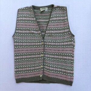 Vintage Eddie Bauer Gray Pink Knit Cotton Sweater Vest Size M Holidays Christmas